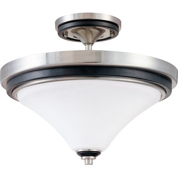 Brushed Nickel With Ebony Wood and Satin White Glass Semi Flush Ceiling Fixture