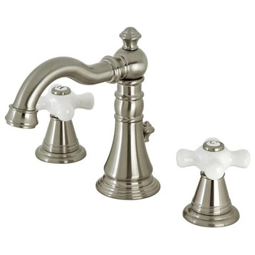 Bathroom Faucet, Widespread Design With Crossed White Levers, Brushed Nickel