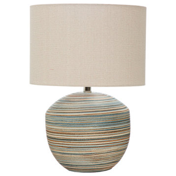 Stoneware Table Lamp With Stripes and Linen Shade, Multicolor