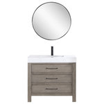 Vinnova Inc - Leon Bath Vanity with Composite Stone Top, Grey, 36", With Mirror - Featuring quality solid oak construction, the Leon Vanity combines the natural warmth of wood with sleek finishes like composite stone and metal hardware. This durable and stylish piece is functional as well, with generously sized cabinets and drawers that neatly house all your personal care items. Whether you're remodeling your guest or master bath, or just looking to freshen up your space, the Leon is sure to impress.