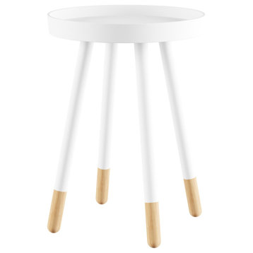 Round End Table Wooden Mid-Century Modern Stand With Tray Top, White