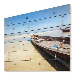 Designart - Rusty Row Boat on Sand at Sunset - Extra Large Seascape Art  Canvas