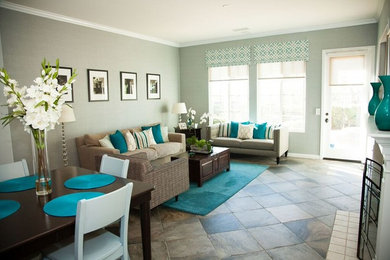 Living room - mid-sized transitional formal and open concept slate floor and brown floor living room idea in San Diego with brown walls and a standard fireplace
