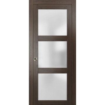 French Pocket Door 30 x 96 Frosted Glass, Lucia 2552 Chocolate Ash