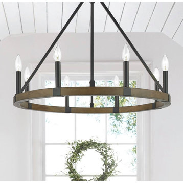 8 Light Wagon Wheel Candle Chandelier in Washed Wood and Black
