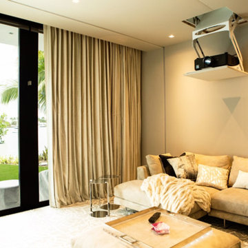 Home Theater Can Be Used with Motorized Drapes Open or Closed