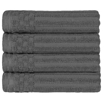 4 Piece Checkered Border Cotton Hand Towel Set, Charcoal