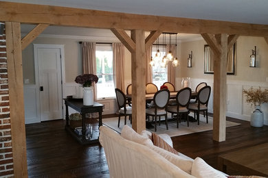 Example of a mid-sized country dark wood floor great room design in New York with beige walls, a standard fireplace and a brick fireplace