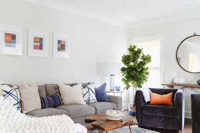 Transitional dark wood floor and brown floor living room photo in Chicago with gray walls