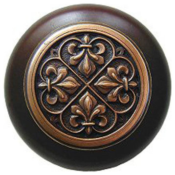 Fleur-de-Lis Wood Knob, Antique Brass, Dark Walnut Wood Finish, Antique Copper