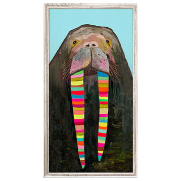 "Designer Walrus on Bright Blue" Mini Framed Canvas by Eli Halpin