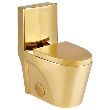 Fine Fixtures Dual-Flush Elongated One-Piece Toilet With High Efficiency Flush, Shiny Gold