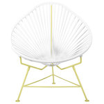 Innit Designs - Acapulco Chair New Frame Colors, White Weave, Yellow Frame - With a more laid back pear-shaped profile than our Innit Chair, the Acapulco Chair is comfortable without a cushion and made to last stylishly for years with its durable plated steel frame and custom leather woven cord.Available in light (blonde) or dark (brunette) leather cord and 5 frame finishes; the Acapulco Chair is breathable, stackable, easy to clean and perfect for both residential and commercial applications. Note: Chrome and copper frame finishes as well as leather cord are suitable for indoor use only, while our stainless version is perfect for your yacht or seaside home.
