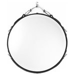 OCTOBER DESIGN EQUESTRIAN DECOR - 24" Equestrian Leather Mirror with Snaffle Bit, Black - Leather-Framed Beveled Equestrian Mirror, in a larger 18" (diameter) size. Features hand-tacked buffalo leather and is detailed with a genuine nickel-finish snaffle bit at the top.