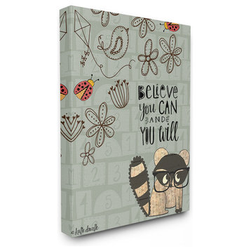Believe You Can Floral Pattern Raccoon with Glasses Canvas, 24"x30"