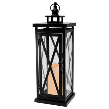 Metal Lantern, Black Criscross with Battery Operated LED Candle