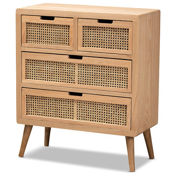 Alina Modern Medium Oak Finished Wood and Rattan 4-Drawer Accent Storage Cabinet
