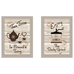 Trendy Decor4U - "Enjoy Tea Time" 2-Piece Vignette by Millwork Engineering, Sand Frame - Enjoy Tea Time is a 2 piece grouping of coffee and tea kitchen decor by the designers at Trendy D cor 4U, in matching 10 x 14 sand color frames. This attractive set includes "Tea Time is Friend's Time" with a teapot and teacups, and "The Daily Grind" which shows an antique hand crank coffee grinder. The surface of the prints are textured with a fade resistant coating so no glass is necessary. Arrives ready to hang. Made in the USA by skilled American workers.