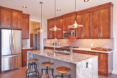 Urban l-shaped medium tone wood floor eat-in kitchen photo in Calgary with a double-bowl sink, shaker cabinets, medium tone wood cabinets, granite countertops, beige backsplash, ceramic backsplash, stainless steel appliances and an island