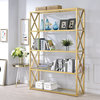 Bookcase, Metal Frame With X Shaped Sides & Clear Glass Shelves, Gold Finish