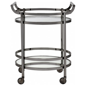 HomeRoots 27" X 19" X 34" Clear Glass And Black Nickel Serving Cart