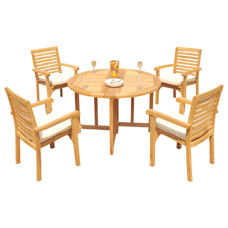 5-Piece Outdoor Teak Dining Set: 48" Butterfly Table, 4 Hari Stacking Arm Chairs