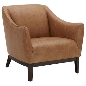Modern Accent Chair, Genuine Leather Upholstered Seat With Curved Arms, Cognac