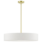 Livex Lighting - Venlo 5 Light Satin Brass With Shiny White Accents Large Drum Pendant - The Venlo collection is both modern and versatile. The satin brass finish with shiny white finish accents and hand-crafted off-white colored fabric hardback shade sets a pleasant mood. This sleek large five-light drum pendant is a perfect fit for the living room, dining room, kitchen and bedroom.
