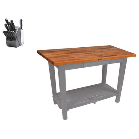 John Boos Maple Classic Country Table 36x25 and Henckels Knife Set, Slate Gray, No Shelf, No Drawer, No Casters