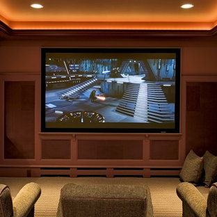 Inspiration for a timeless enclosed carpeted home theater remodel in Burlington