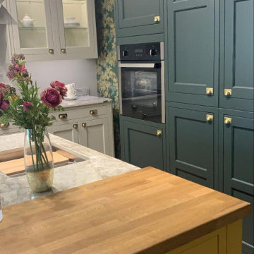 Belgravia painted Mussel, Deep Forest kitchen & Yellow