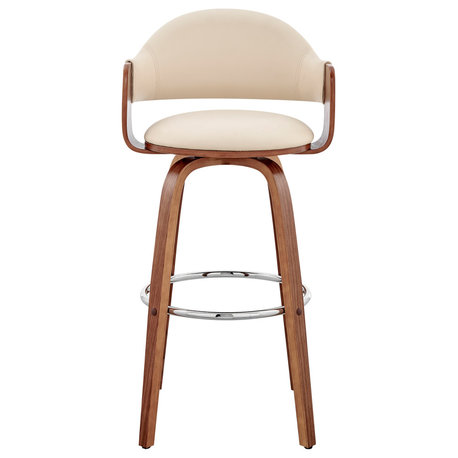 Daxton Faux Leather and Wood Bar Stool, Cream and Walnut, 30"