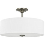 Progress Lighting - Inspire Collection Brushed Nickel 3-Light 18" Semi-Flush Mount - Harkening back to a simpler time, the Inspire Collection Brushed Nickel Three-Light Semi-Flush Mount's timeless demeanor is sure to become a favorite for generations. A round, summer linen shade with an etched glass diffuser steals the show and creates a beautiful muted glow. Understated metal accents complement the light fixture as it fosters a casual, friendly atmosphere.