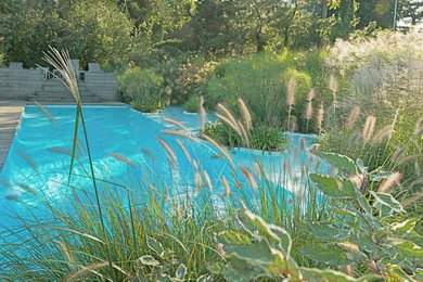 Large mountain style side yard stone and custom-shaped natural pool photo in New York