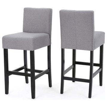 2 Pack Transitional Bar Stool, Rubberwood Legs and Padded Light Grey Fabric Seat