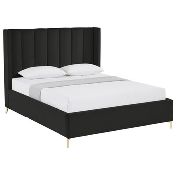 Inspired Home Ameen Bed, Upholstered, Black Velvet Queen