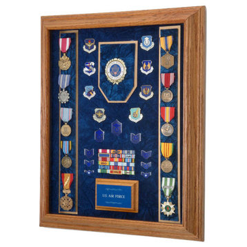 16" X 20" Solid Oak Military Award and Display Case With Strips, USAF Emblem