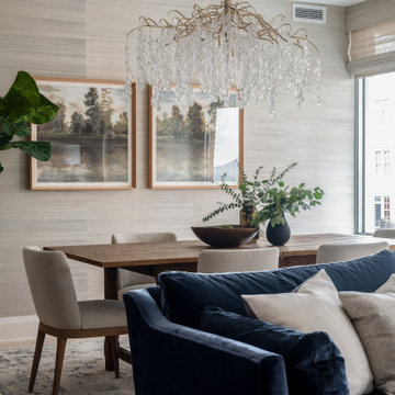 Warm Textural Dining Room With Dripping Button Glass Chandelier Neutral Grassclo
