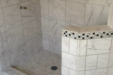 Example of a mid-sized classic master gray tile and porcelain tile marble floor doorless shower design in Milwaukee