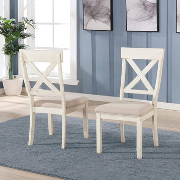 Set of 2 Dining Chair, Cushioned Polyester Seat With Cross Back, Antique White