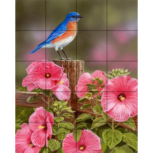 Blue Bird with Pink Flowers Ceramic Tile 4.25" Yellow Song Bird Kiln Fired Decor