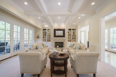 Example of a huge classic formal and open concept carpeted living room design in Raleigh with beige walls, a standard fireplace and a stone fireplace