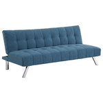 OSP Home Furnishings - Sawyer Futon, Blue Fabric With Stainless Steel Legs - Curl up for a relaxing evening with the Sawyer Futon Sofa.�Details like squared button tufting, tailored piping, and sleek stainless-steel frame make this a stylish addition to any contemporary d�cor. Our futon quickly and easily folds out, making a fun and relaxed center of your family room.�Invite guests to sleep in comfort on the easy release and lock recline mechanism. This futon folds out to a generous single size mattress, perfect for an unexpected guest or all-night binge watching of your favorite TV episodes. Simple assembly and durable Polyester upholstery will make owning this futon a dream.