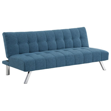 Sawyer Futon, Blue Fabric With Stainless Steel Legs