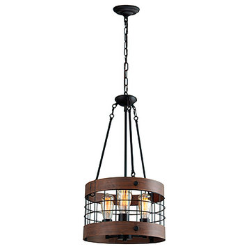LZ2273 - 3 Light Caged Drum Chandelier in wood Vein finish and black net chain