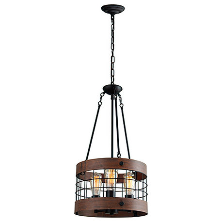 LZ2273 - 3 Light Caged Drum Chandelier in wood Vein finish and black net chain