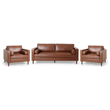 Hixon Faux Leather Tufted 3 Piece Sofa and Club Chair Set, Cognac + Espresso