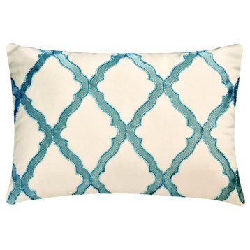 Blue Silk 12"x16" Lumbar Pillow Cover Beaded Embroidered - Claudia