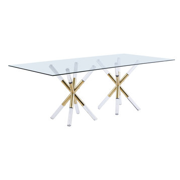 Mercury Dining Table with Acrylic and Gold Legs, Rectangular Glass Top