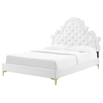 Tufted Platform Bed Frame, Twin Size, Velvet, White, Modern Contemporary